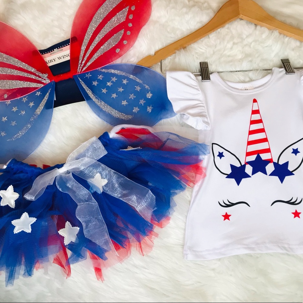Patriotic toddler unicorn tutu outfit 2t/3t fairy butterfly wings red white blue